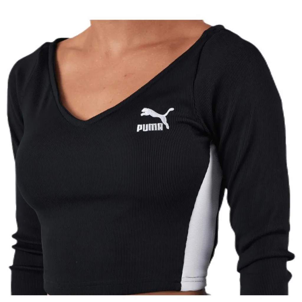 Puma Classics Ribbed Longsleeve Cropped Top Black Svart New