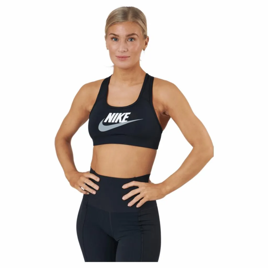 Nike Dri-FIT Swoosh Women's Medium-Support Graphic Sports Bra BLACK/WHITE/PARTICLE GREY Svart Outlet