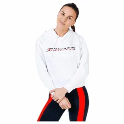 Hoody Cropped Vertical Logo White*Tommy Hilfiger Sport Clearance